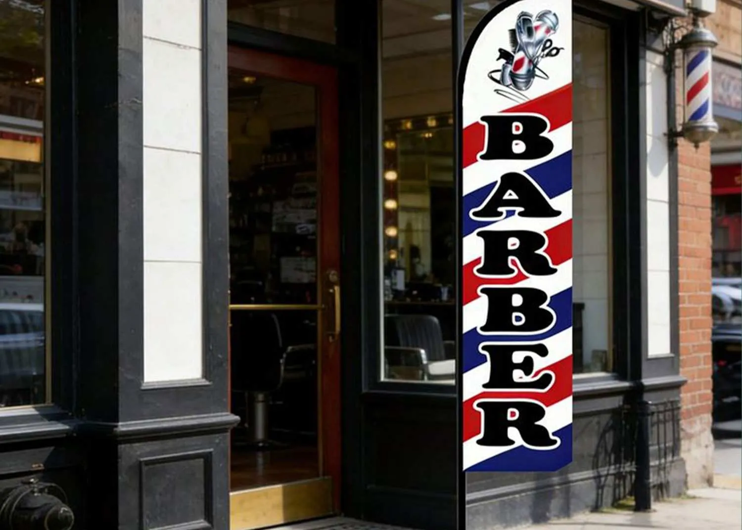 پرچم ساحلی آرایشگاه با نماد باربر پل (Barber pole)
